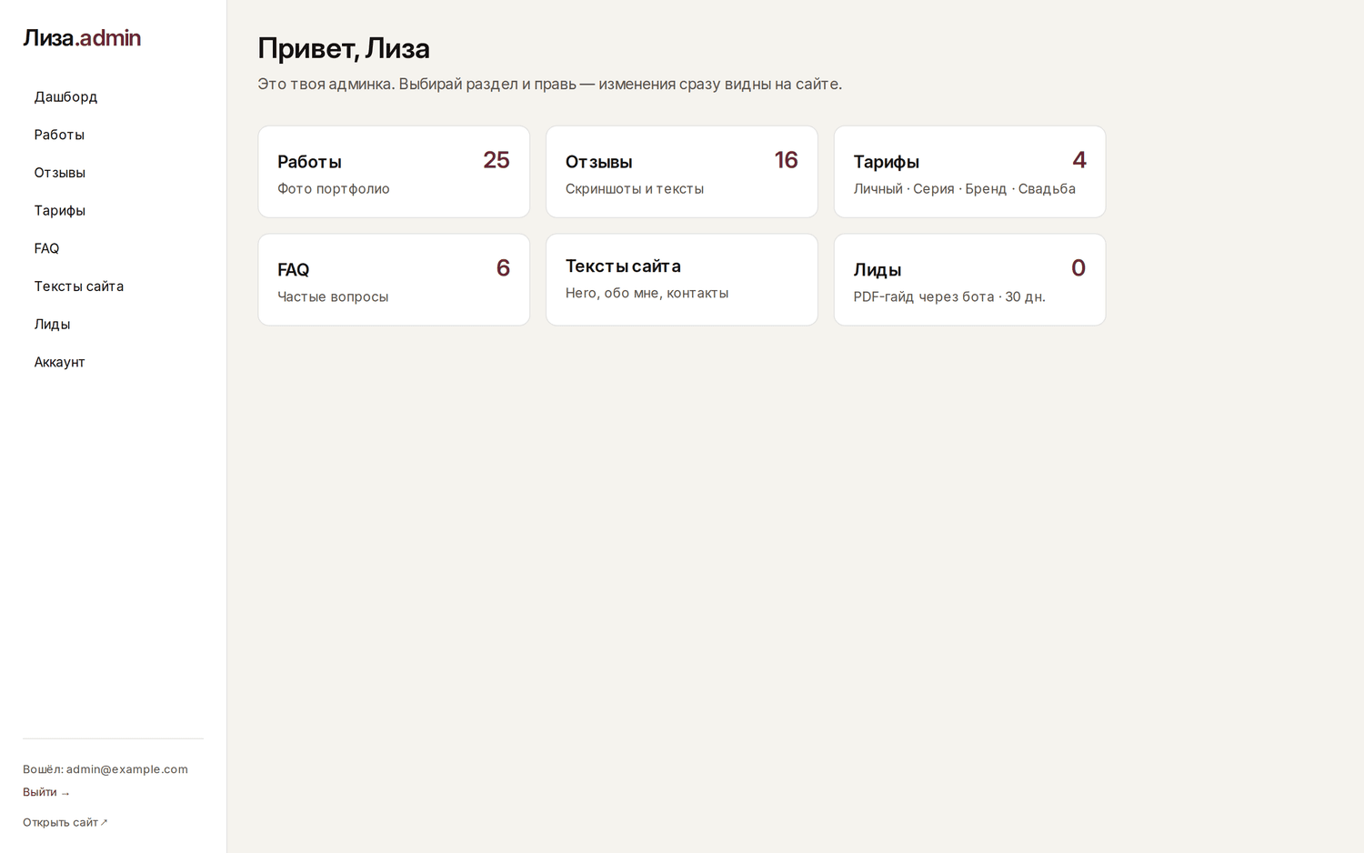 Admin dashboard with section counts