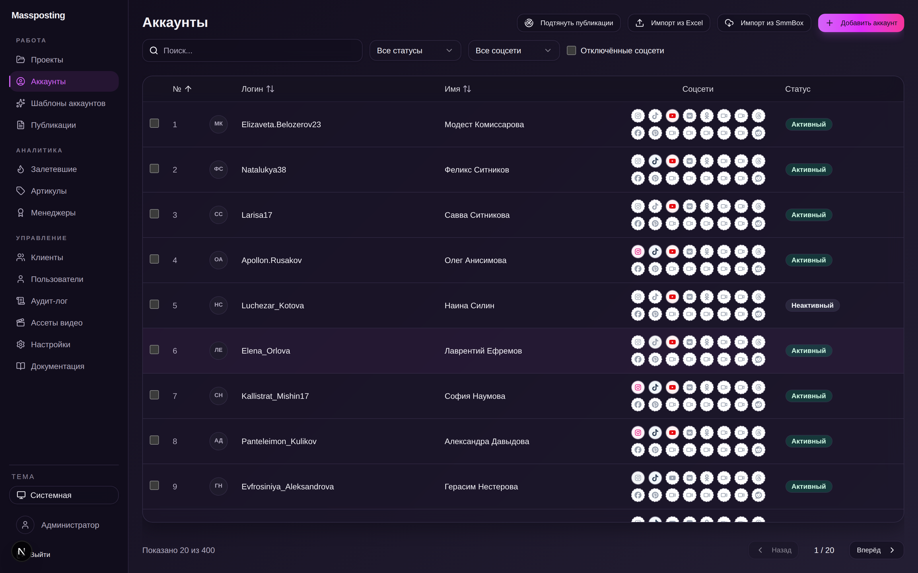 Massposting accounts dashboard