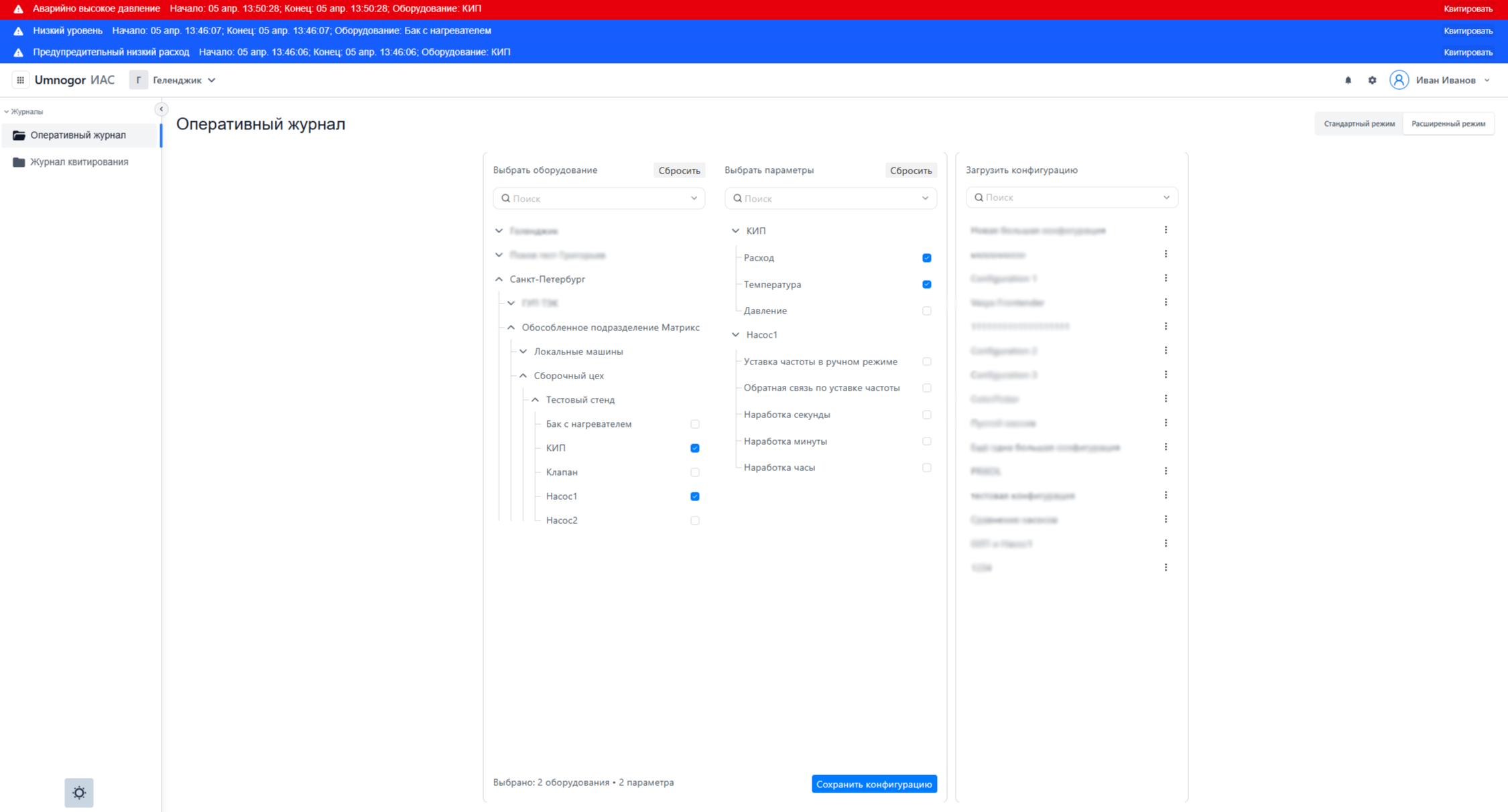 Daily technological parameters report table