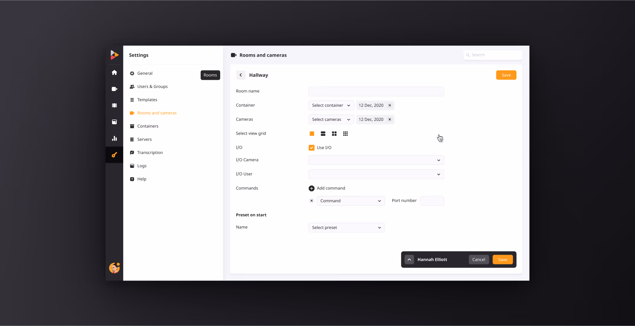 Rooms and cameras configuration screen